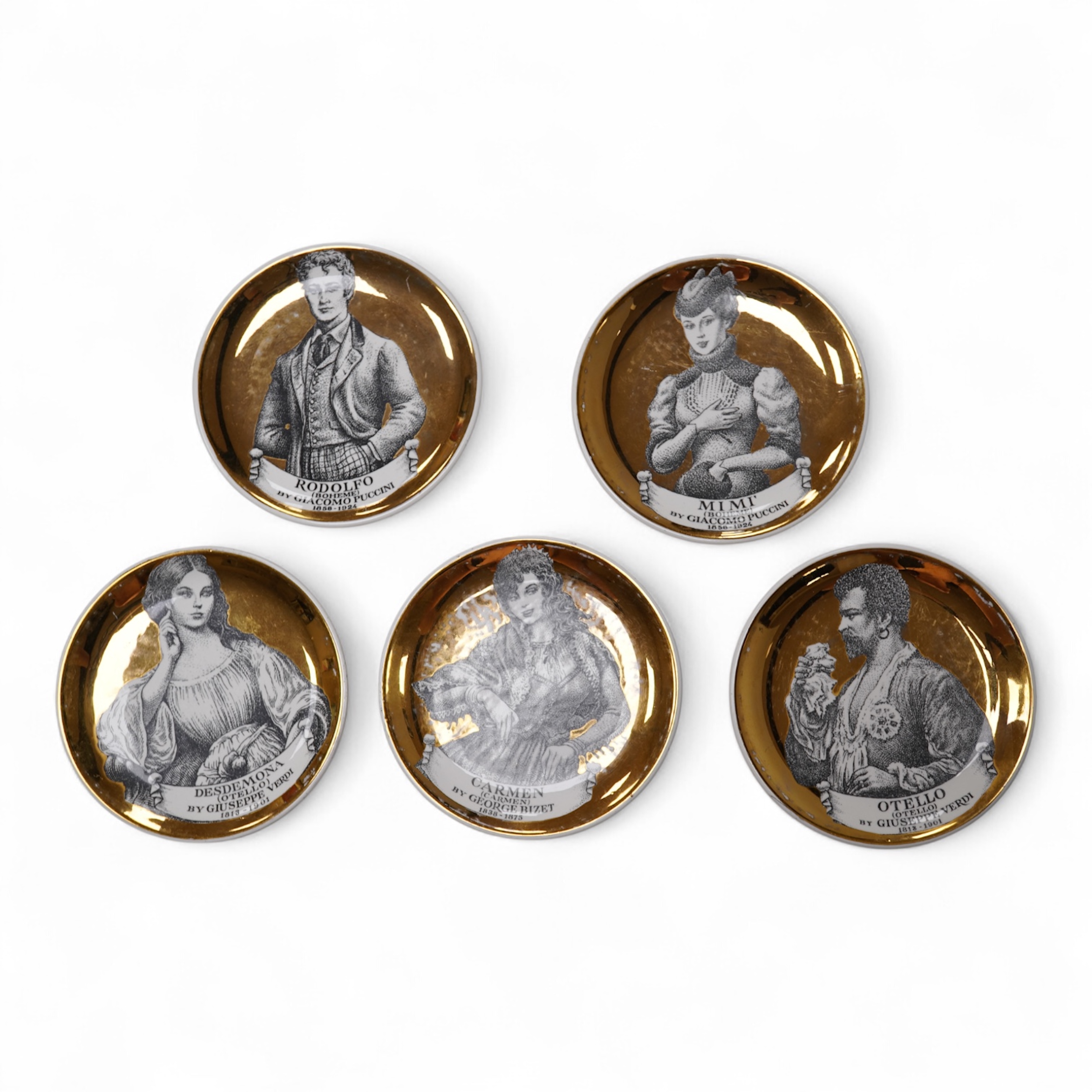 Fornasetti, a group of five operatic coasters, ‘Melodramma’ to include Otello and Desdemona, 10cm in diameter